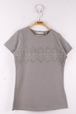 Toontoy Kız Çocuk Önü Dantelli İnci Detaylı Okul Tişört