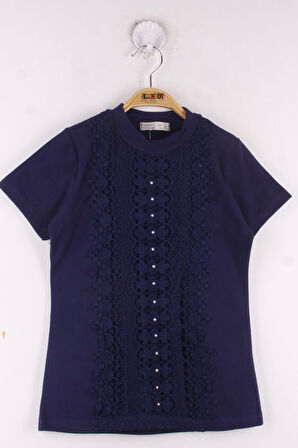 Toontoy Kız Çocuk Dantelli İnci İşlemeli Okul Tişört