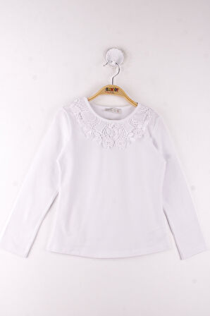 Toontoy Kız Çocuk Yaka Çiçek Dantelli Okul Tişört