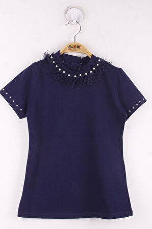 Toontoy Kız Çocuk Yaka Dantelli İnci Detaylı Okul Tişört