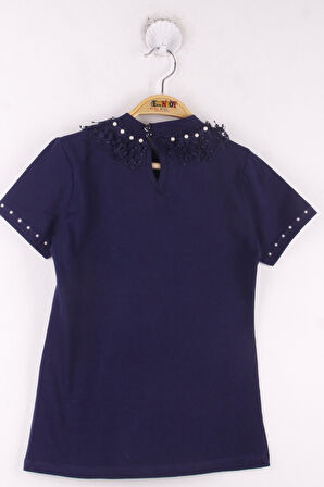 Toontoy Kız Çocuk Yaka Dantelli İnci Detaylı Okul Tişört