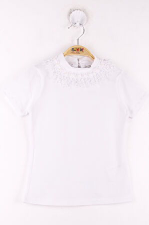 Toontoy Kız Çocuk Yaka Dantelli İnci Detaylı Okul Tişört