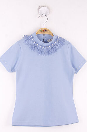 Toontoy Kız Çocuk Yaka Dantelli İnci Detaylı Okul Tişört