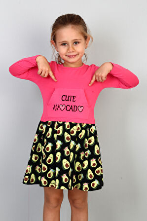 Toontoy Kız Çocuk Cute Avocado Naskışlı Eteği Desenli Elbise