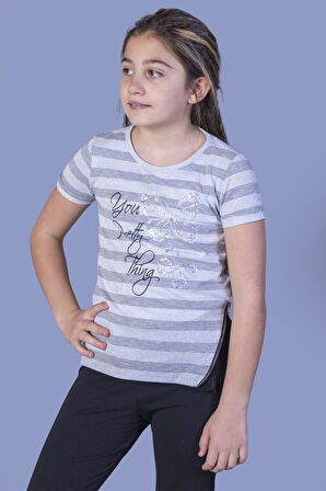 Toontoy Kız Çocuk Çizgili Kelebek Baskılı Tişört