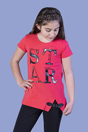 Toontoy Kız Çocuk Star Baskılı Kemer Detaylı Tişört