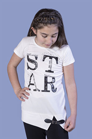 Toontoy Kız Çocuk Star Baskılı Kemer Detaylı Tişört