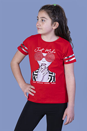 Toontoy Kız Çocuk Baskılı Taş İşlemeli Arkası Tül Detaylı Tişört