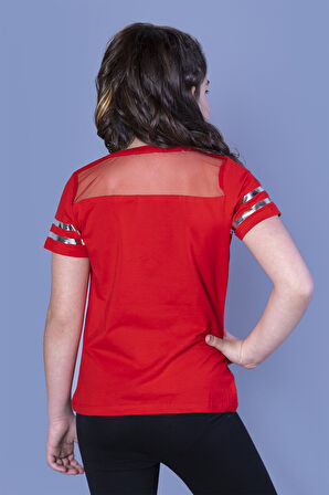 Toontoy Kız Çocuk Baskılı Taş İşlemeli Arkası Tül Detaylı Tişört