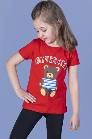 Toontoy Kız Çocuk Ayıcık Ve Yazı Baskılı Taş İşlemeli Tişört