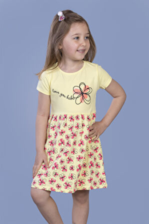 Toontoy Kız Çocuk Çiçek Desenli Yazı Nakışlı Pullu Taş İşlemeli Elbise