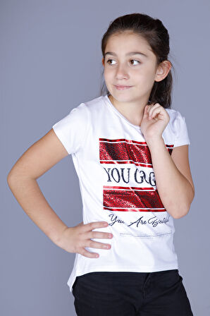 Toontoy Kız Çocuk Yazı Baskılı Taş İşlemeli Lame Detaylı Tişört