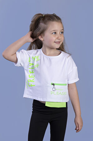 Toontoy Kız Çocuk Neon Uyumlu Cep Detaylı Baskılı Tişört