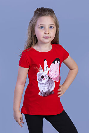 Toontoy Kız Çocuk Tavşan Baskılı Pul İşlemeli Tişört