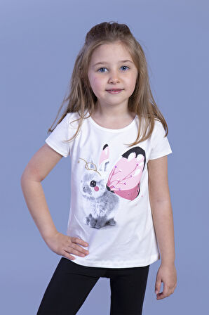 Toontoy Kız Çocuk Tavşan Baskılı Pul İşlemeli Tişört