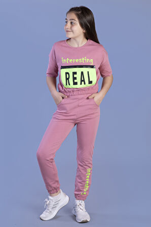 Toontoy Kız Çocuk Crop Model Cep Detaylı Baskılı Eşofman Takımı