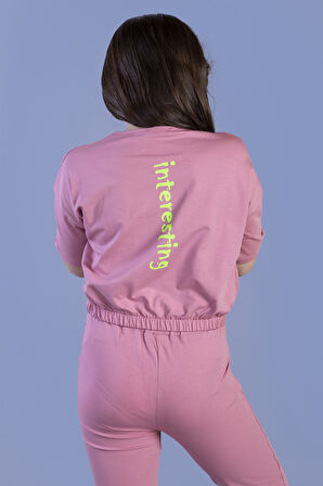 Toontoy Kız Çocuk Crop Model Cep Detaylı Baskılı Eşofman Takımı