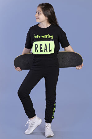 Toontoy Kız Çocuk Crop Model Cep Detaylı Baskılı Eşofman Takımı