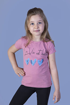 Toontoy Kız Çocuk Kalp Desenli Yazı Baskılı Taş İşlemeli Tişört