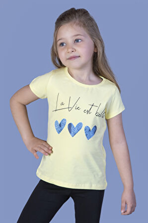Toontoy Kız Çocuk Kalp Desenli Yazı Baskılı Taş İşlemeli Tişört
