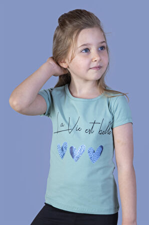 Toontoy Kız Çocuk Kalp Desenli Yazı Baskılı Taş İşlemeli Tişört