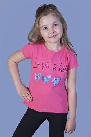 Toontoy Kız Çocuk Kalp Desenli Yazı Baskılı Taş İşlemeli Tişört