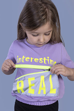 Toontoy Kız Çocuk Crop Model Cebi Reflektör Detaylı Baskılı Tişört