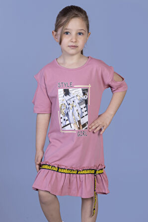 Toontoy Kız Çocuk Dijital Baskılı Büzgülü Şerit Detaylı Elbise