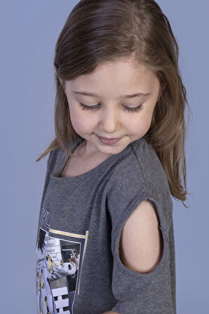 Toontoy Kız Çocuk Dijital Baskılı Büzgülü Şerit Detaylı Elbise