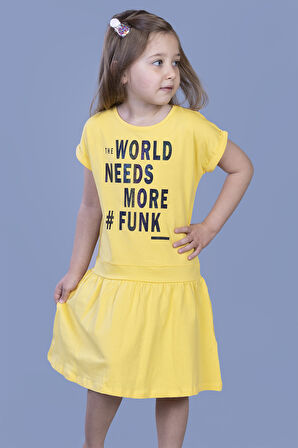Toontoy Kız Çocuk Renkli Yazı Baskılı Büzgü Detaylı Elbise