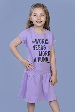Toontoy Kız Çocuk Renkli Yazı Baskılı Büzgü Detaylı Elbise