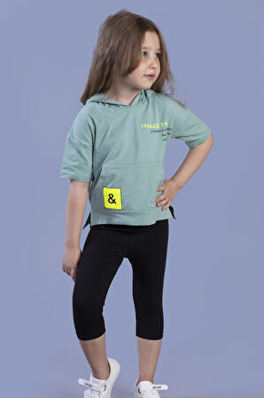 Toontoy Kız Çocuk Baskılı Kapüşonlu Kanguru Cepli Taytlı Takım