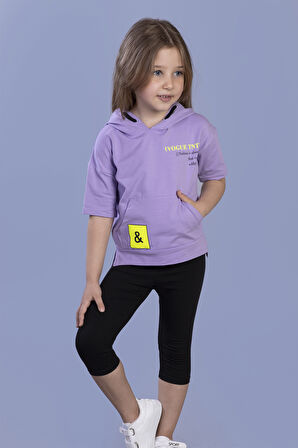 Toontoy Kız Çocuk Baskılı Kapüşonlu Kanguru Cepli Taytlı Takım