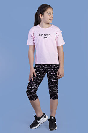 Toontoy Kız Çocuk Kesik Detaylı Baskılı Taytlı Takım