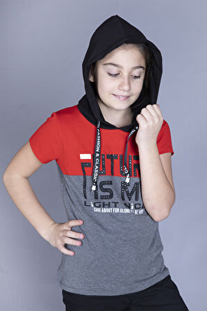 Toontoy Kız Çocuk Kapüşonlu Baskılı Garni Detaylı Tişört