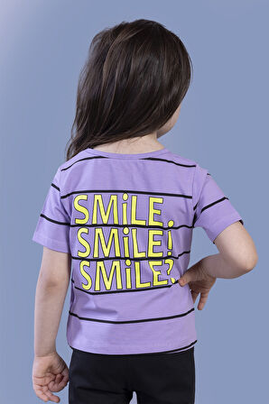 Toontoy Kız Çocuk Çizgli Kalp Baskılı Taş İşlemeli Tişört