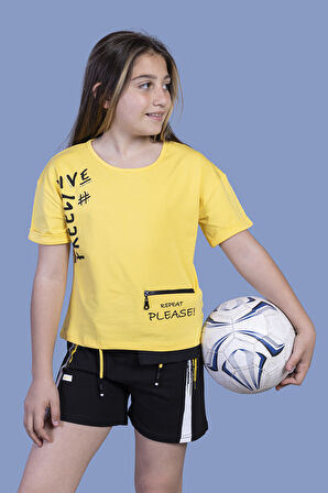 Toontoy Kız Çocuk Cep Detaylı Baskılı Şortlu Takım