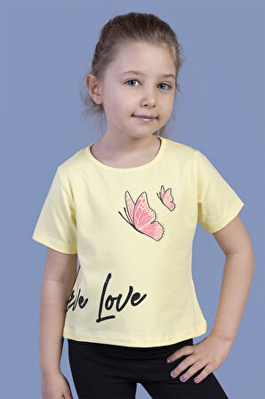 Toontoy Kız Çocuk Kelebek Baskılı Taş İşlemeli Tişört