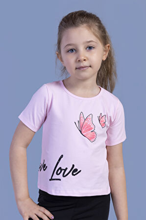 Toontoy Kız Çocuk Kelebek Baskılı Taş İşlemeli Tişört