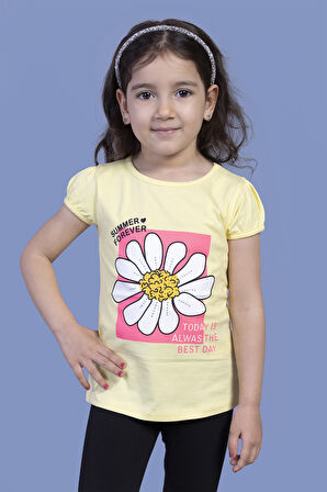 Toontoy Kız Çocuk Papatya Baskılı Taş İşlemeli Tişört