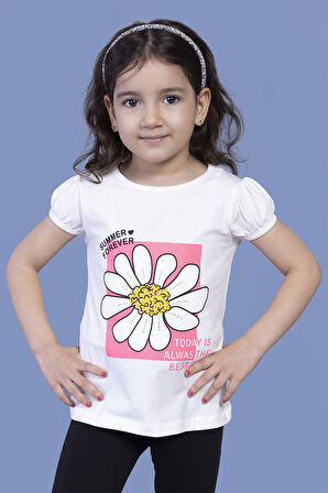 Toontoy Kız Çocuk Papatya Baskılı Taş İşlemeli Tişört