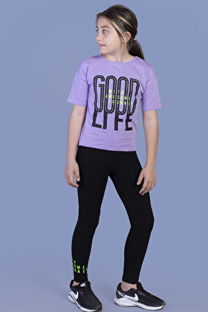 Toontoy Kız Çocuk Baskılı Taş İşlemeli Taytlı Takım