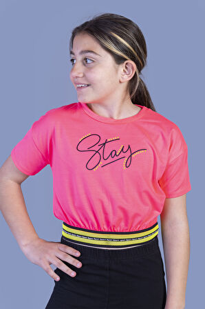 Toontoy Kız Çocuk Şerit Detaylı Baskılı Tişört