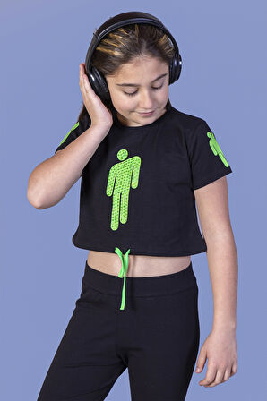 Toontoy Kız Çocuk Crop Model Baskılı Taş İşlemeli Tişört