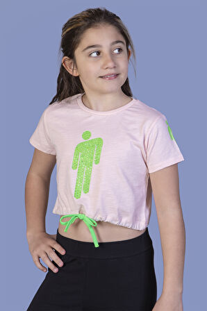 Toontoy Kız Çocuk Crop Model Baskılı Taş İşlemeli Tişört