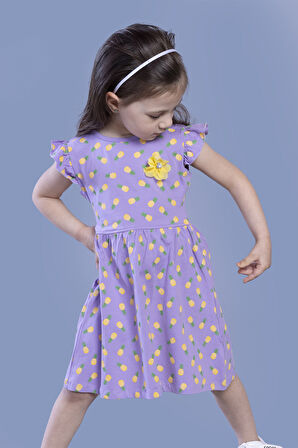Toontoy Kız Çocuk Komple Ananas Baskılı Çiçek Aksesuarlı Elbise
