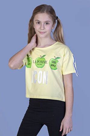 Toontoy Kız Çocuk Crop Model Elma Baskılı Tişört