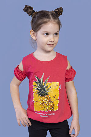 Toontoy Kız Çocuk Kolları Detaylı  Ananas Baskılı Tişört