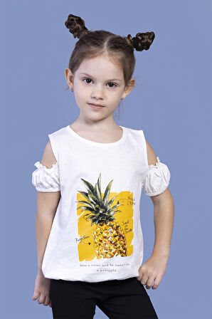 Toontoy Kız Çocuk Kolları Detaylı  Ananas Baskılı Tişört