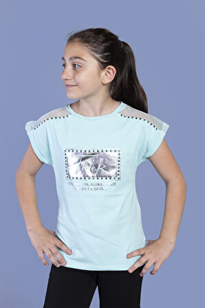 Toontoy Kız Çocuk Omuzu Tül Detaylı Varak Baskılı Tişört